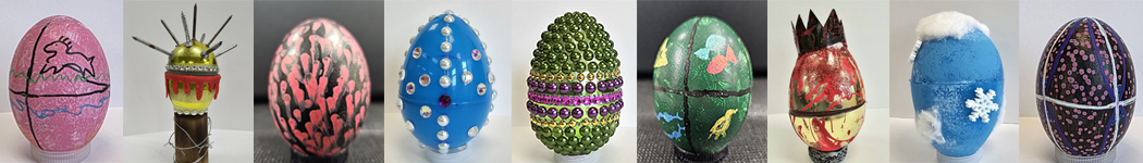 A selection of student-made decorative eggs