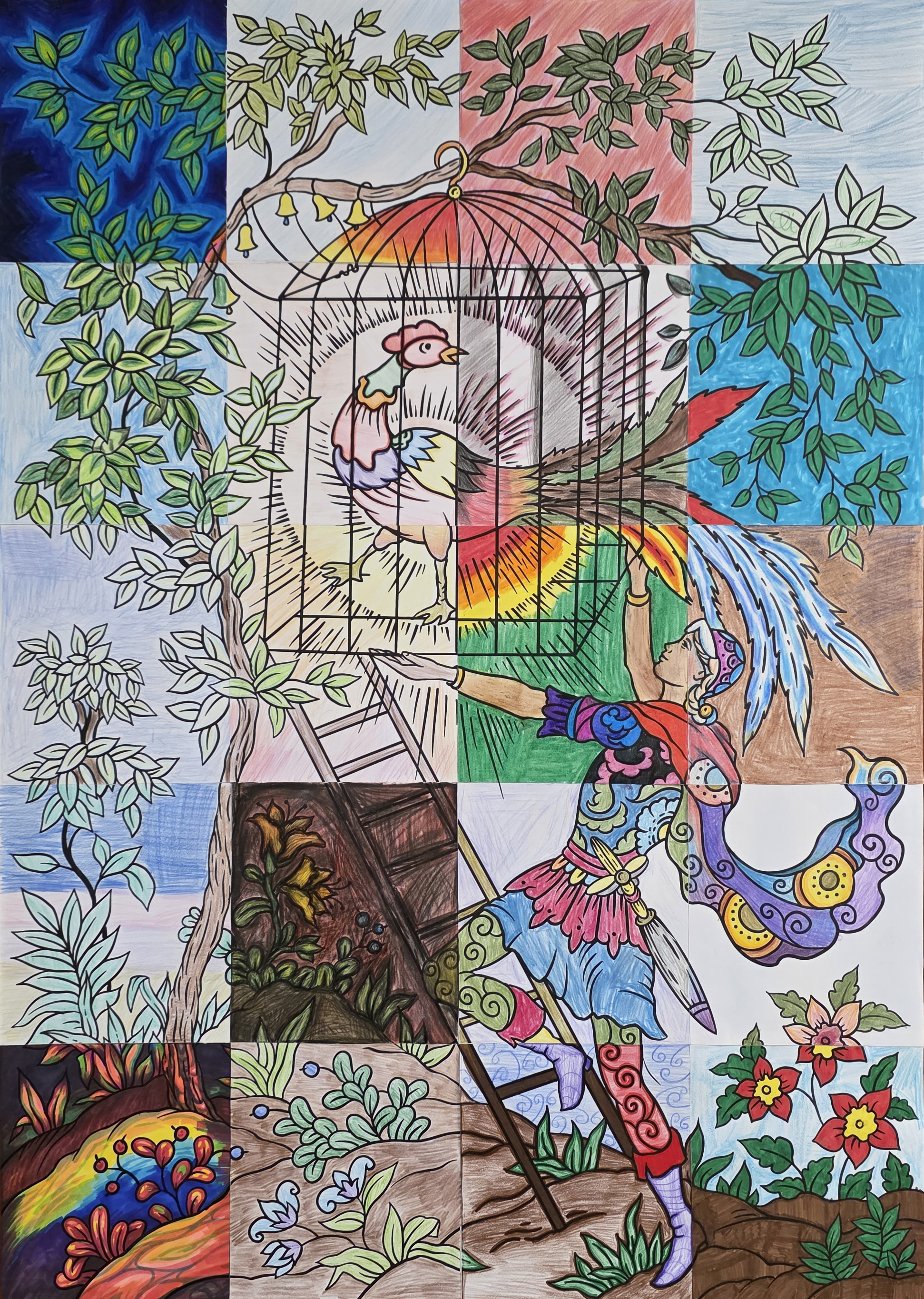 Collaborative folklore mosaic created from individual student coloring sheets assembled into one larger image.