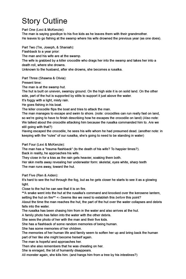 Typed student planning outline for a collaborative Russian horror story about a rusalka.